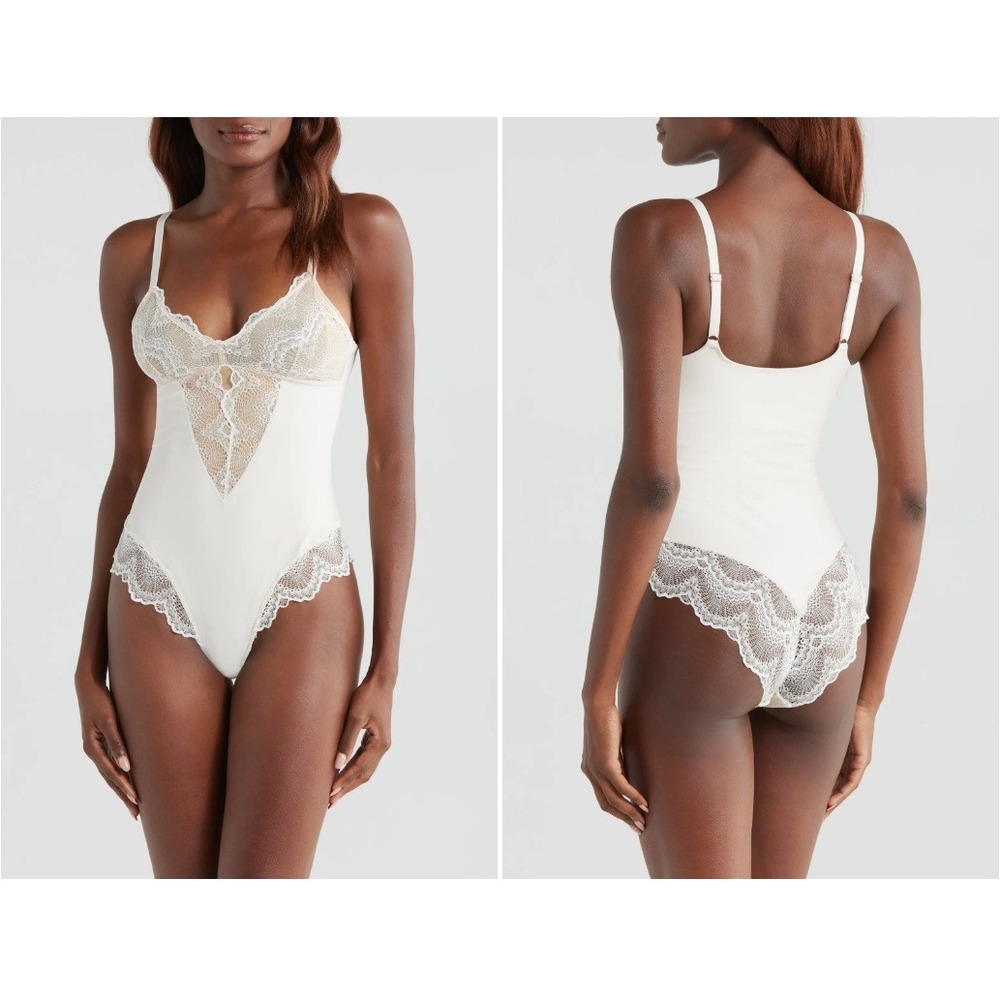Pinsy Sculpting Lace‎ Shapewear Bodysuit White Nude Sexy Stretch Lined Medium